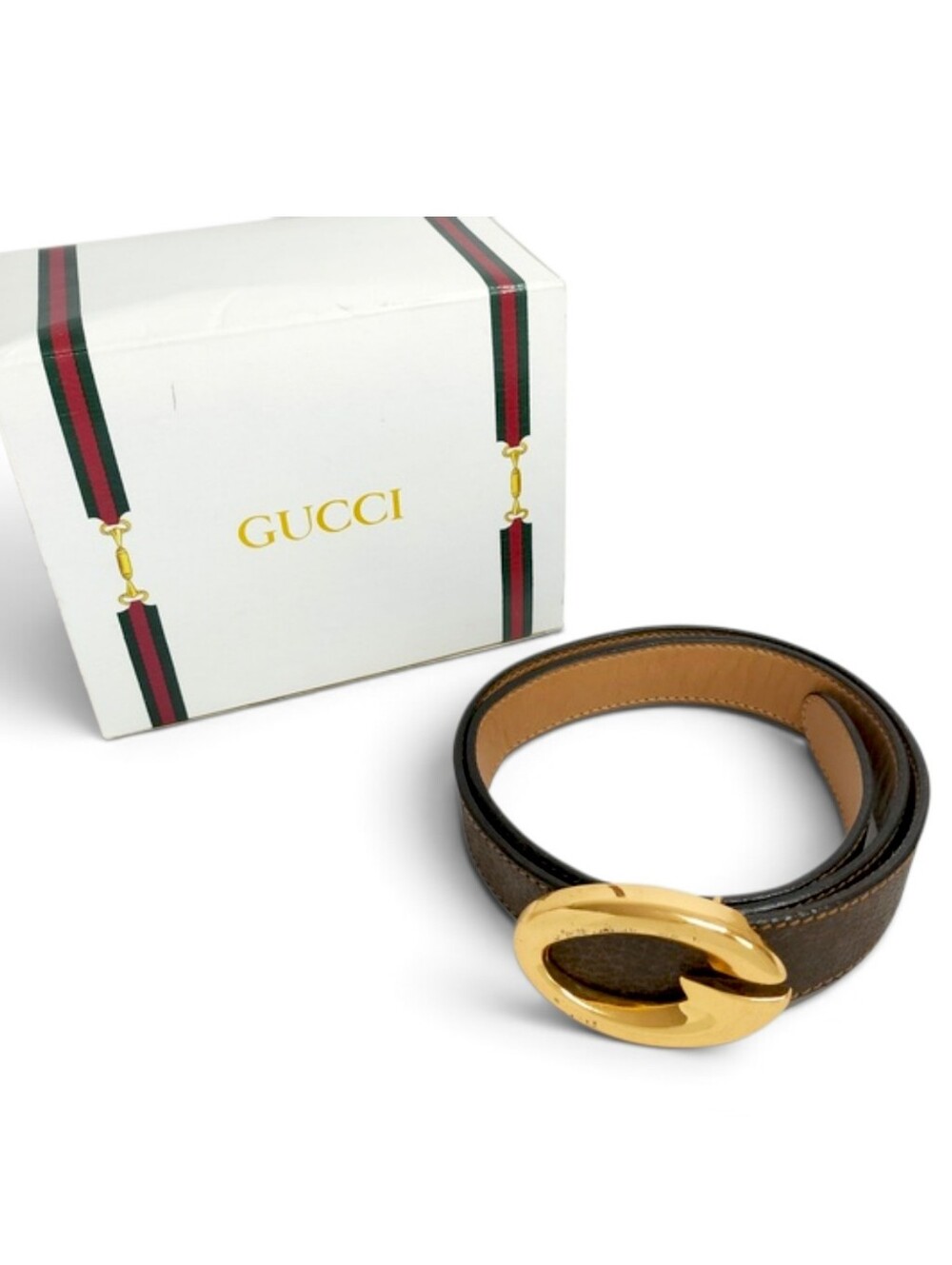 Gucci 1980s Brown Leather Belt with Gold Oval Logo Buckle In Box
